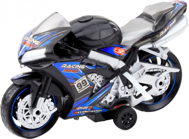 Sort og blå racer motorcykel med lys- og lydeffekter