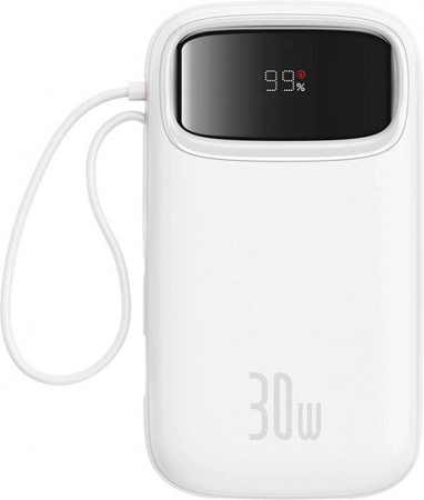 Powerbank Baseus QPow 2 20000 mAh 30 W med integreret USB‑C-kabel, 2× USB‑C, hvid