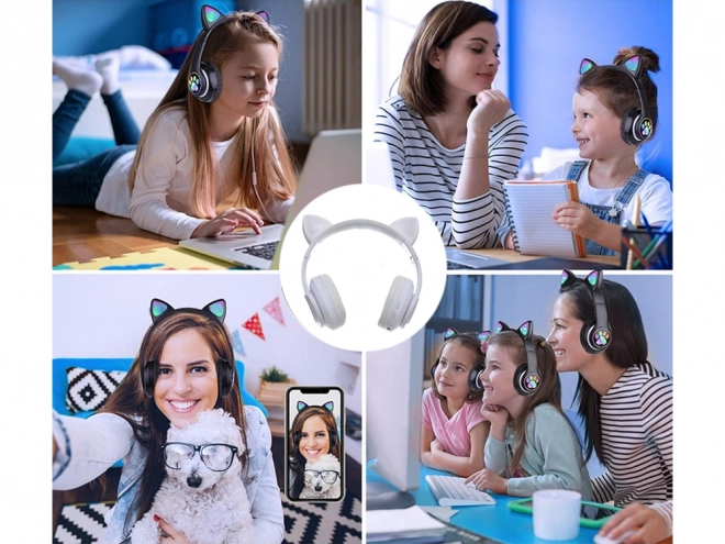 Trådløse hovedtelefoner bluetooth radio fm mp3 katteører LED belysning – Hvide