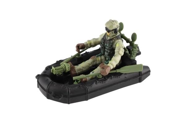 Militærsæt plast båd, soldat, hund med tilbehør i kasse 23x14x4cm