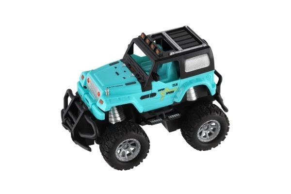 Auto RC terrængående 14cm plast 27MHz med lys i boks 20x11x10cm – Turkis