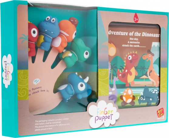 Sæt med 5 gummi fingerdukker dinosaurer med blød bog, 3+, vandtæt