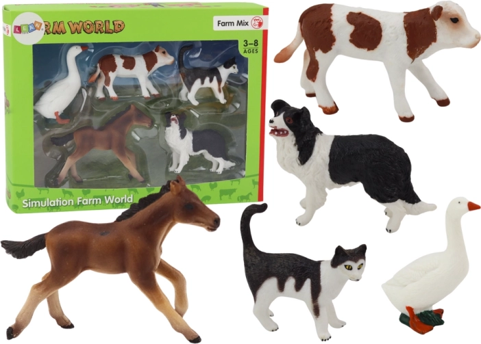 Sæt med figurer af husdyr 5 stk. Hest Ko Kat Gås Hund