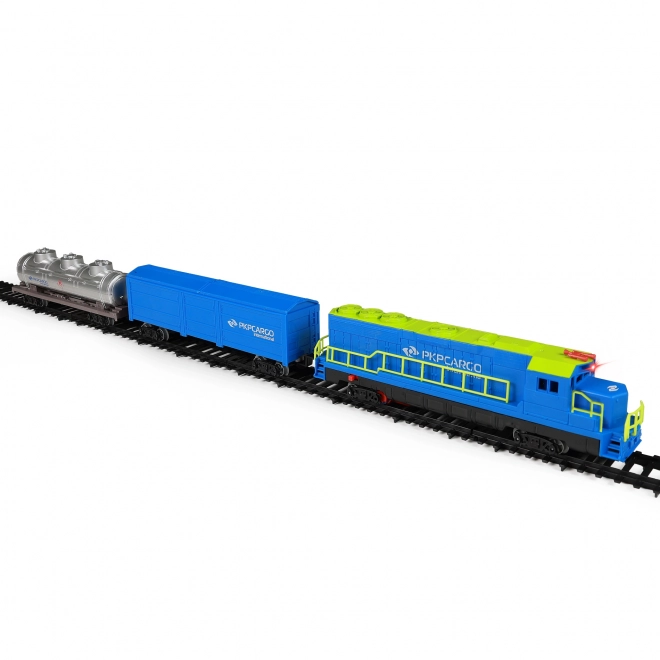 Godstog PKP Cargo International med vogne og skinner med lyd og lys