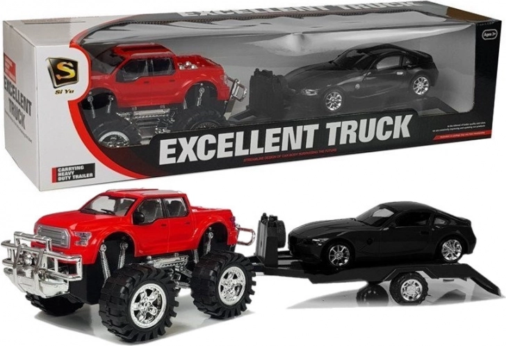 Sæt af køretøjer rød monstertruck med trailer og sort BMW 58 cm