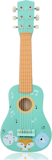 Træ børneguitar med dyr, turkis