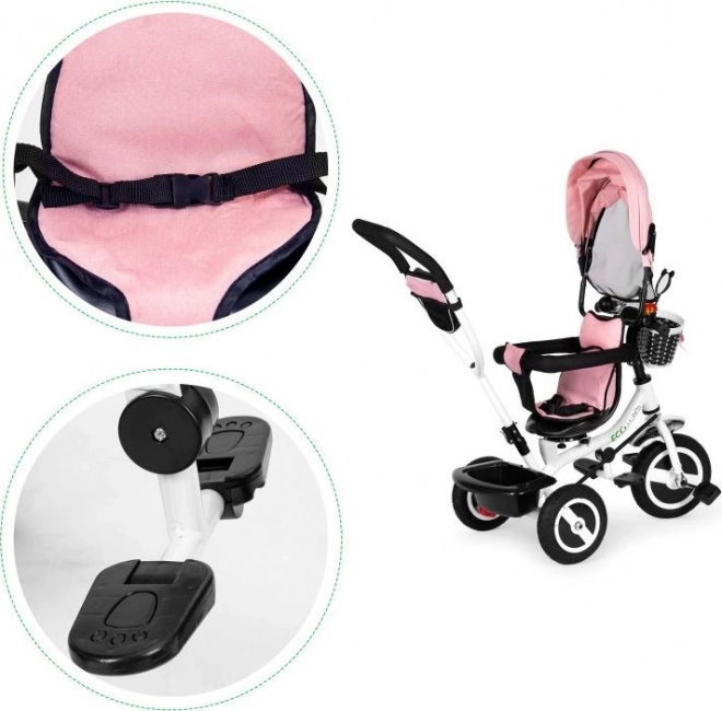 ECOTOYS Trecykel med Tag og Styrestang Lyserød