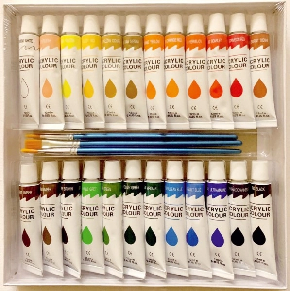 Acrylfarver 24x12ml med 3 pensler også til keramik, glas, sten i æske 22x22x2cm