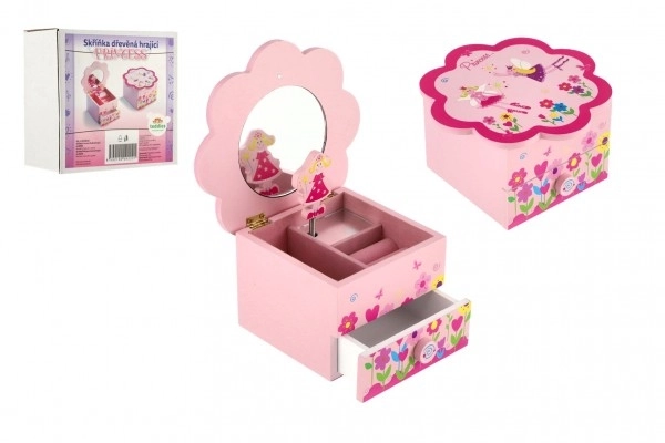Prinsesse smykkeskrin træ spille blomst skuffe 14,5x8x14,5cm