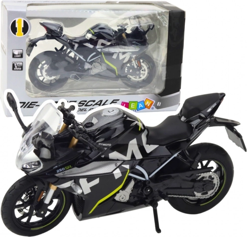 Metal sportsmotorcykel 1:12 med lys og lyd – sort