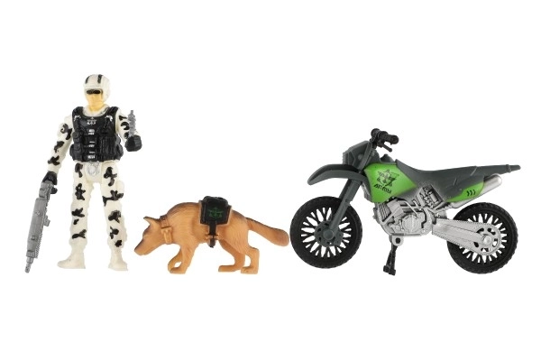 Militært sæt plastik motorcykel, soldat, hund med tilbehør i kasse 23x14x4cm