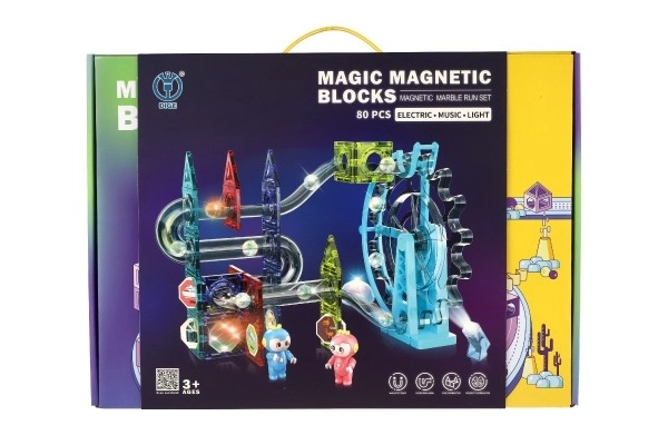 Magnetisk kuglebane plast 80 stk 16 kugler + tilbehør med lys i kassen 47x35x9cm