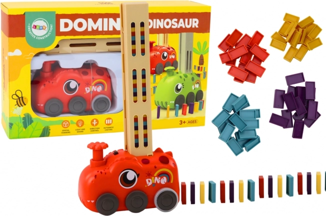 Rødt dinosaur-tog på batteri, der opstiller farverig domino
