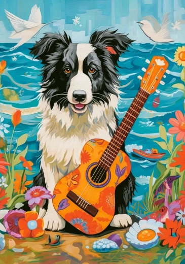 Puslespil 100 brikker – collie, guitar og hav