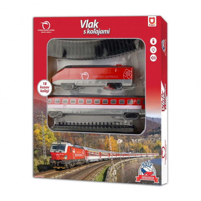 Tog Jernbaneselskab Slovakiet med skinner 18 stk plastik på batterier med lyd og lys i æske.