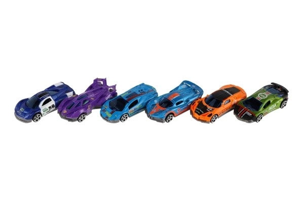 Bil sport 6 stk metal/plast 8cm med fri bevægelse i æske 10,5x27,5x4cm