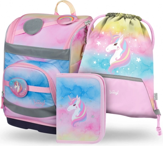 Sæt 3 BAAGL Zippy Plus Rainbow Unicorn: skoletaske, penalhus og pose