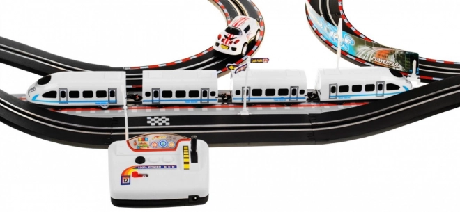 Elektrisk jernbane Racetrack 2-i-1 for børn 6+ med fjernbetjening + lokomotiver + vogne + biler