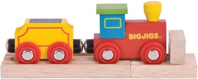 Bigjigs Rail min første togvogn med vogn og skinner