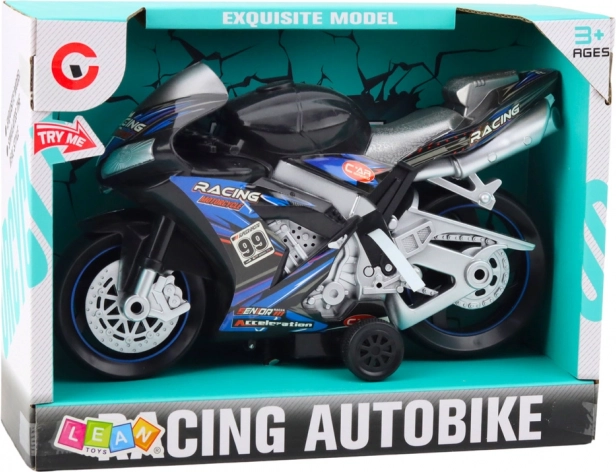 Sort og blå racer motorcykel med lys- og lydeffekter
