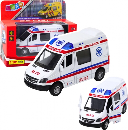 Metalambulance 1:32 med pull-back drev, lys og lyde – hvid