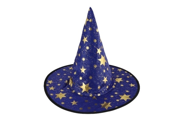 Heksehat til børn, diameter 38cm blå-guldfarvet i pose til karneval