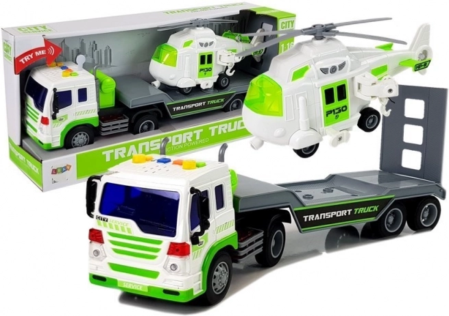 Lastbil med transportplatform og helikopter 1:16 med batterier