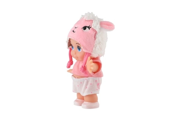 Dukke/baby med hue plastik fast krop 15cm 4 slags i æske 9x16x6cm