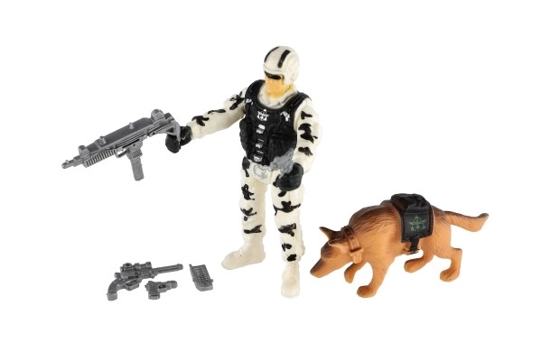 Militært sæt plastik motorcykel, soldat, hund med tilbehør i kasse 23x14x4cm