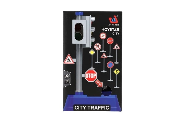 Trafiklys med skilte plast 14x24cm på batterier med lys og lyd i æske 14x24,5x9cm