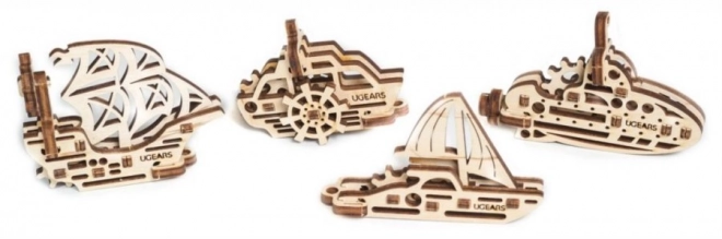 Ugears 3D træ mekanisk puslespil - fire mekaniske vedhæng