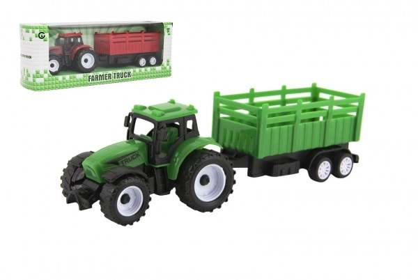 Traktor med trailer plast 21cm fri bevægelse 2 farver i æske 23x9x6cm
