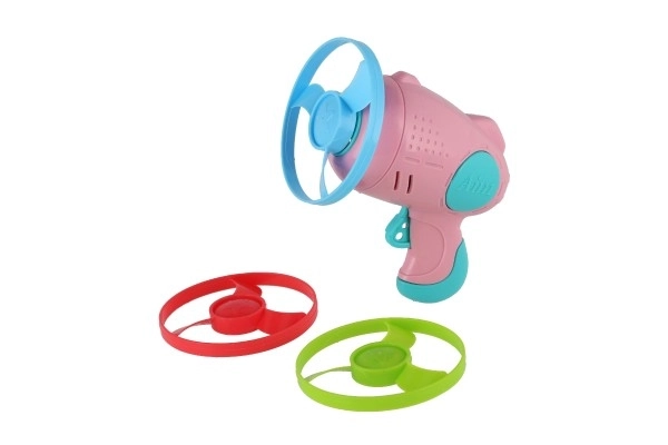 Affyringsdisk 3 stk + starter pistol plast 4 farver på kort 21,5x26x6cm