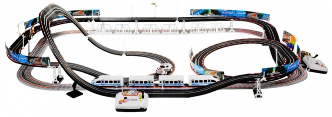 Elektrisk jernbane Racetrack 2-i-1 for børn 6+ med fjernbetjening + lokomotiver + vogne + biler