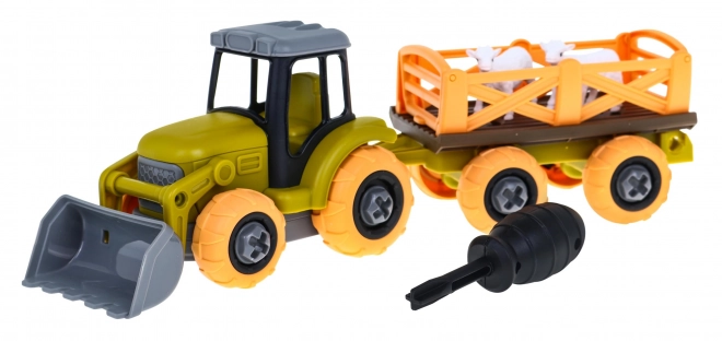 Skruelig traktor med ske og trailer + skruetrækker + får Legetøj til børn 3+