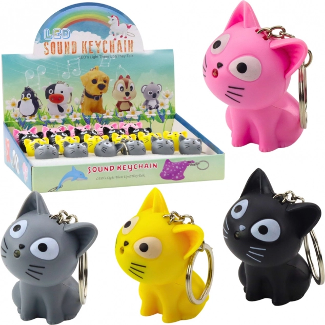 Nøglering med kat med LED-lygte og lyd, mix af farver