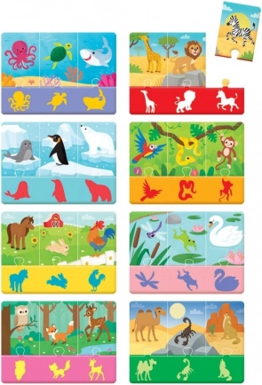 Farverige illustrationer af dyr og deres miljøer