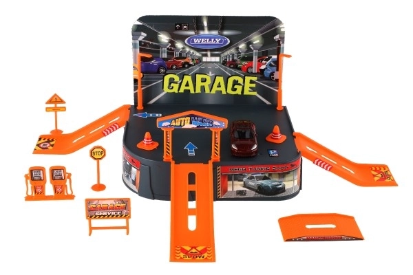 Welly Garage + bil Welly Porsche metal/plastik i kasse 21x25x5,5cm
