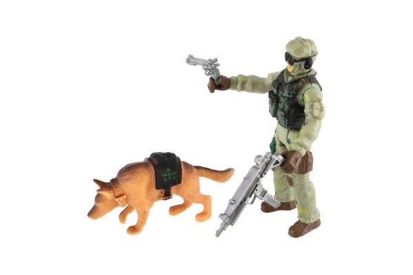 Militærsæt plast båd, soldat, hund med tilbehør i kasse 23x14x4cm