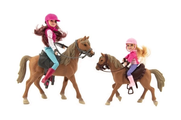 Hest 2 stk + dukke jockey 2 stk plastik i kassen 44x26x12cm