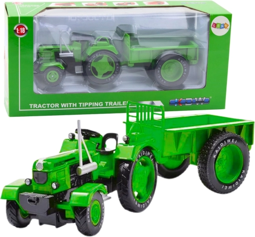 Metallisk traktor med trailer grøn 1:18