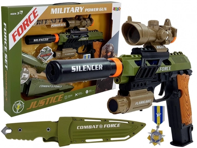 Militærsæt Pistol Riffel Kniv Medalje Mål Lyd