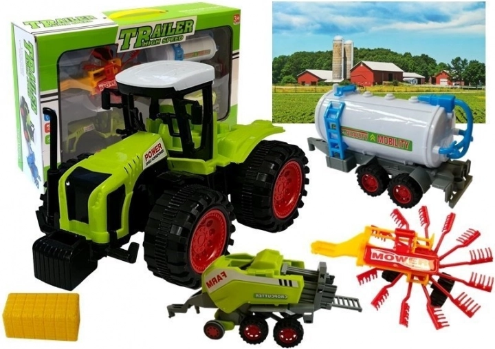Landbrugssæt med traktor, vandtank, høvender og ballepresser