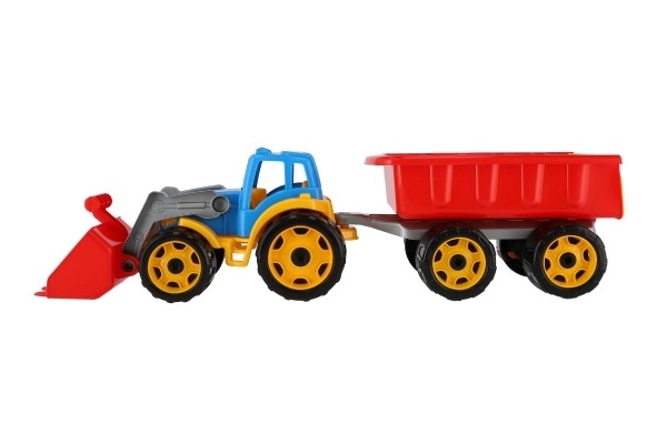 Traktor/lastmaskine/graver med trailer i liggende plast til fri kørsel 2 farver i net 16x61x16cm