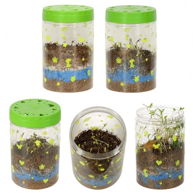 Terrarium til plantning med LED-lampe og dinosaurer