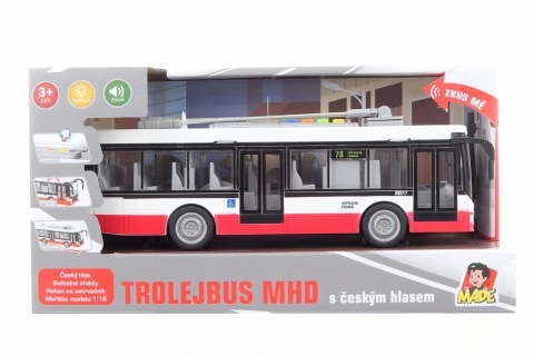 trolleybus med dansk stemme med svinghjul og lyseffekter 28 cm
