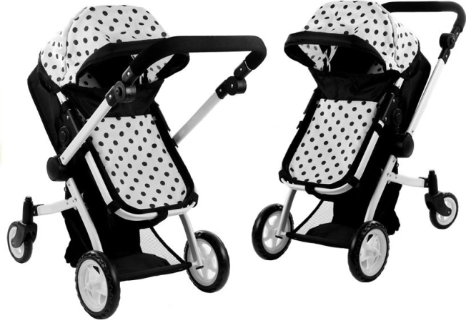 Dukkevogn Alice 2-i-1, dyb og sport, sort‑hvid prik