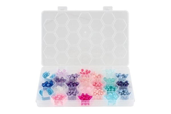 Plastperler farverige med snor i plastboks 20x16,5cm