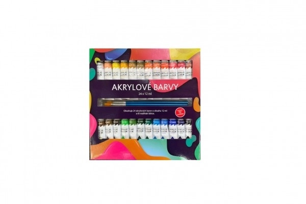 Acrylfarver 24x12ml med 3 pensler også til keramik, glas, sten i æske 22x22x2cm