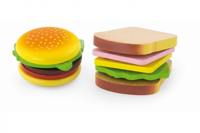 Træ hamburger og sandwich